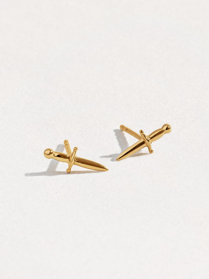 Side view of Tessa Sword Stud Earrings in 24K Gold Plated – Elegant dagger design