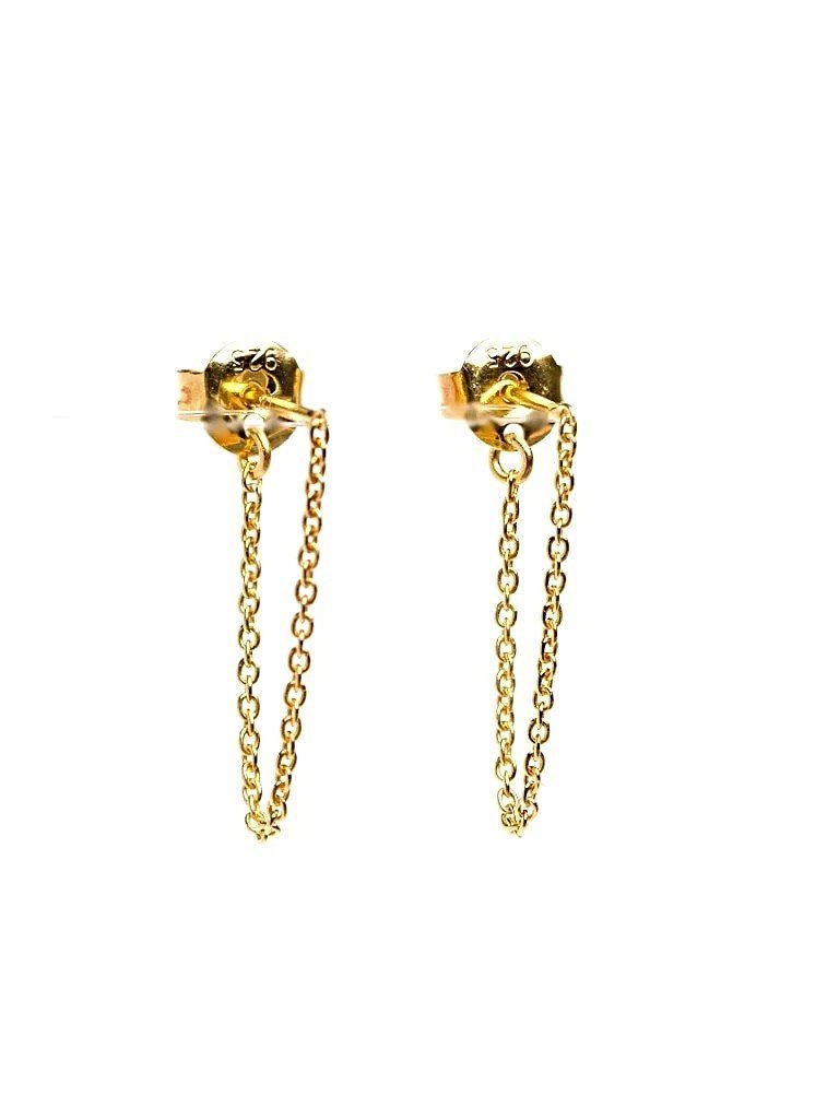 Minimalist gold threader earrings with double chain and stud backing.