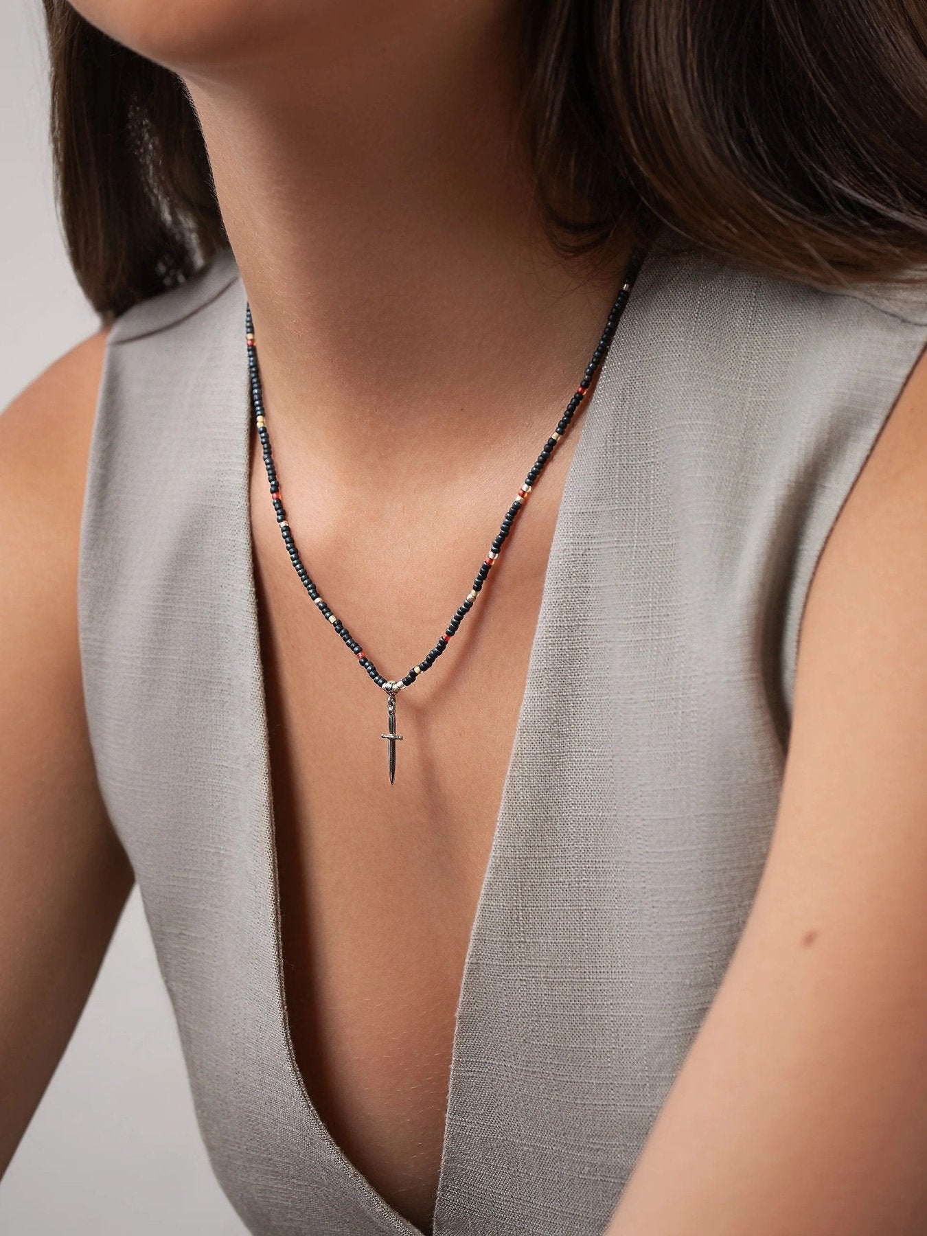 Sirene Sword Pendant Beaded Necklace – Customizable - 17.7 Black BeadSilver OxideALLbeaded necklaceLunai Jewelry