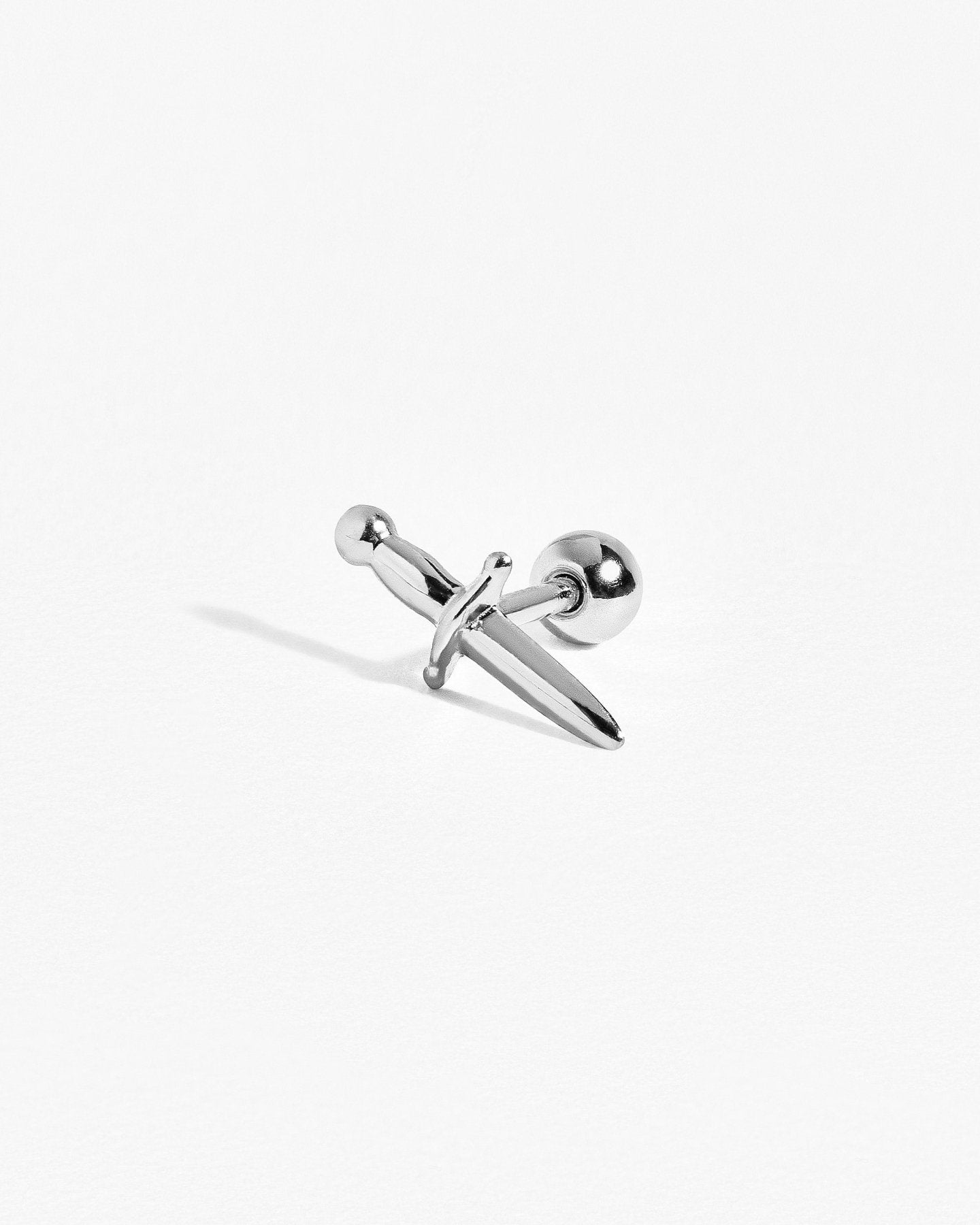 Sterling silver dagger stud earring with ball back – angled view on white background