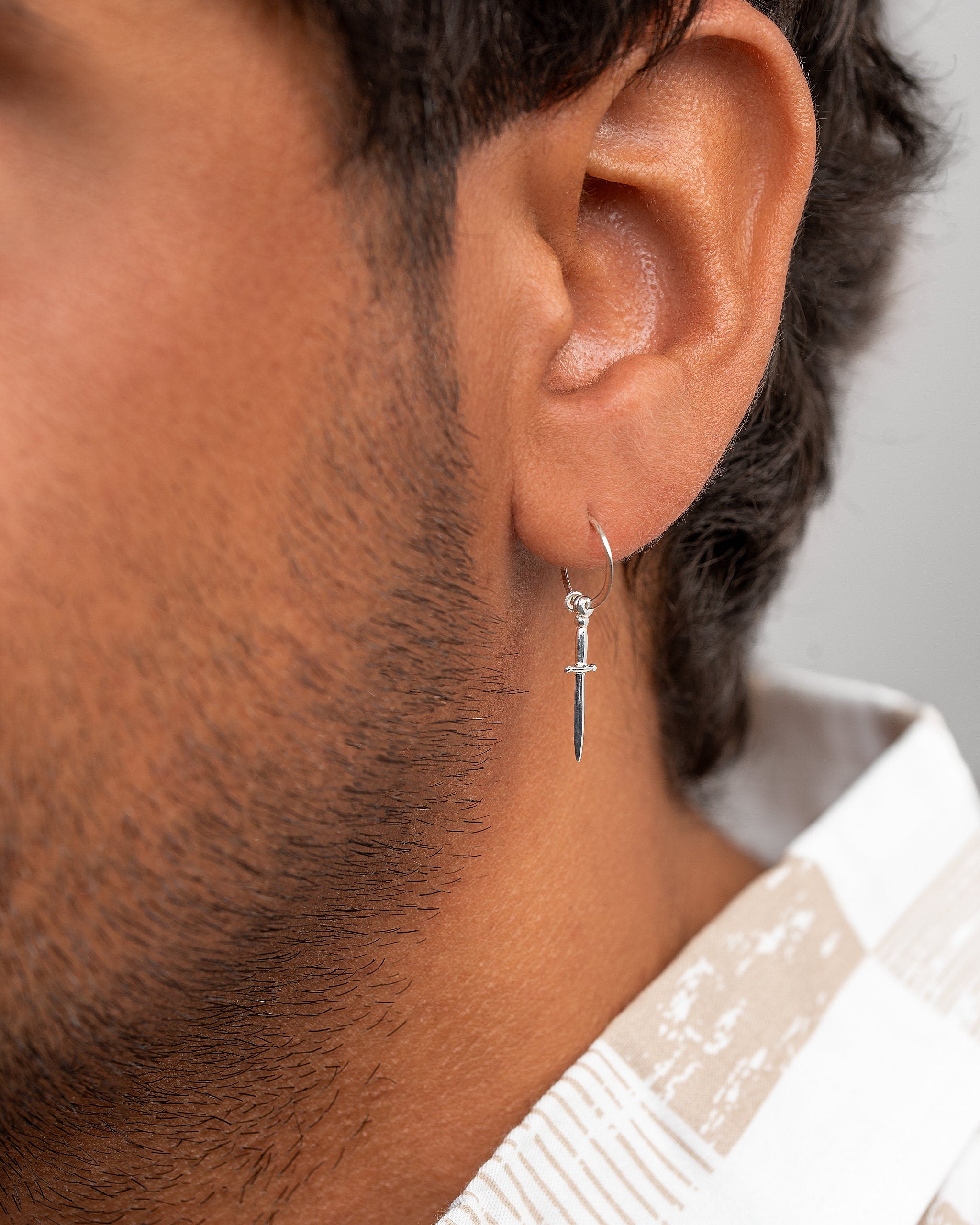 Sterling Silver Sword Dangle Hoop Earrings - Huggie Style Jewelry