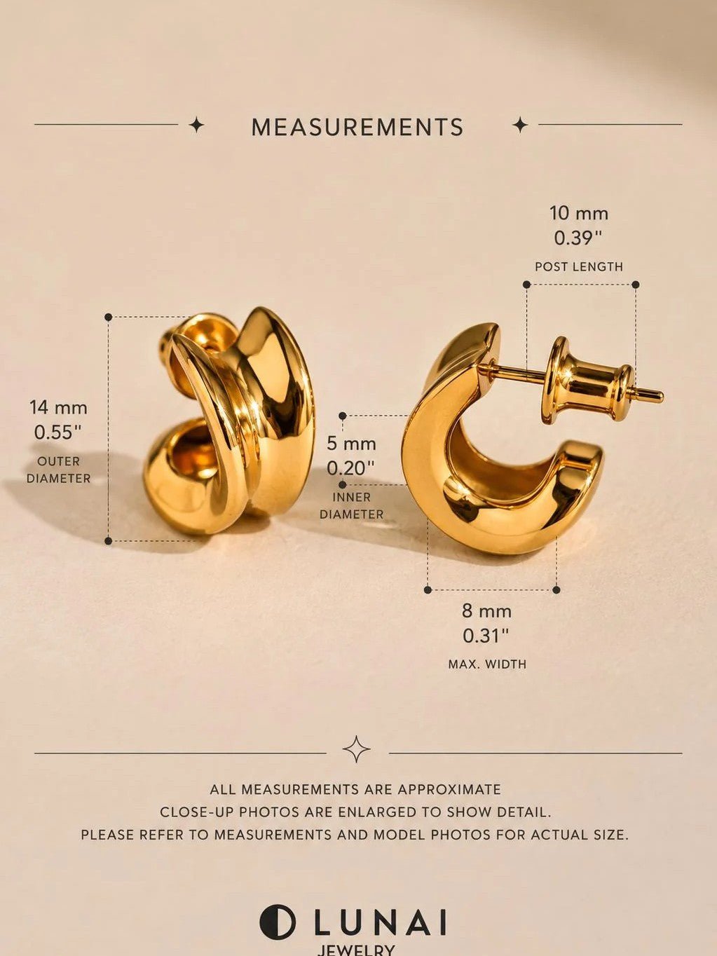 Close-up of small gold plated chunky hoop earring worn on the earlobe for size reference.