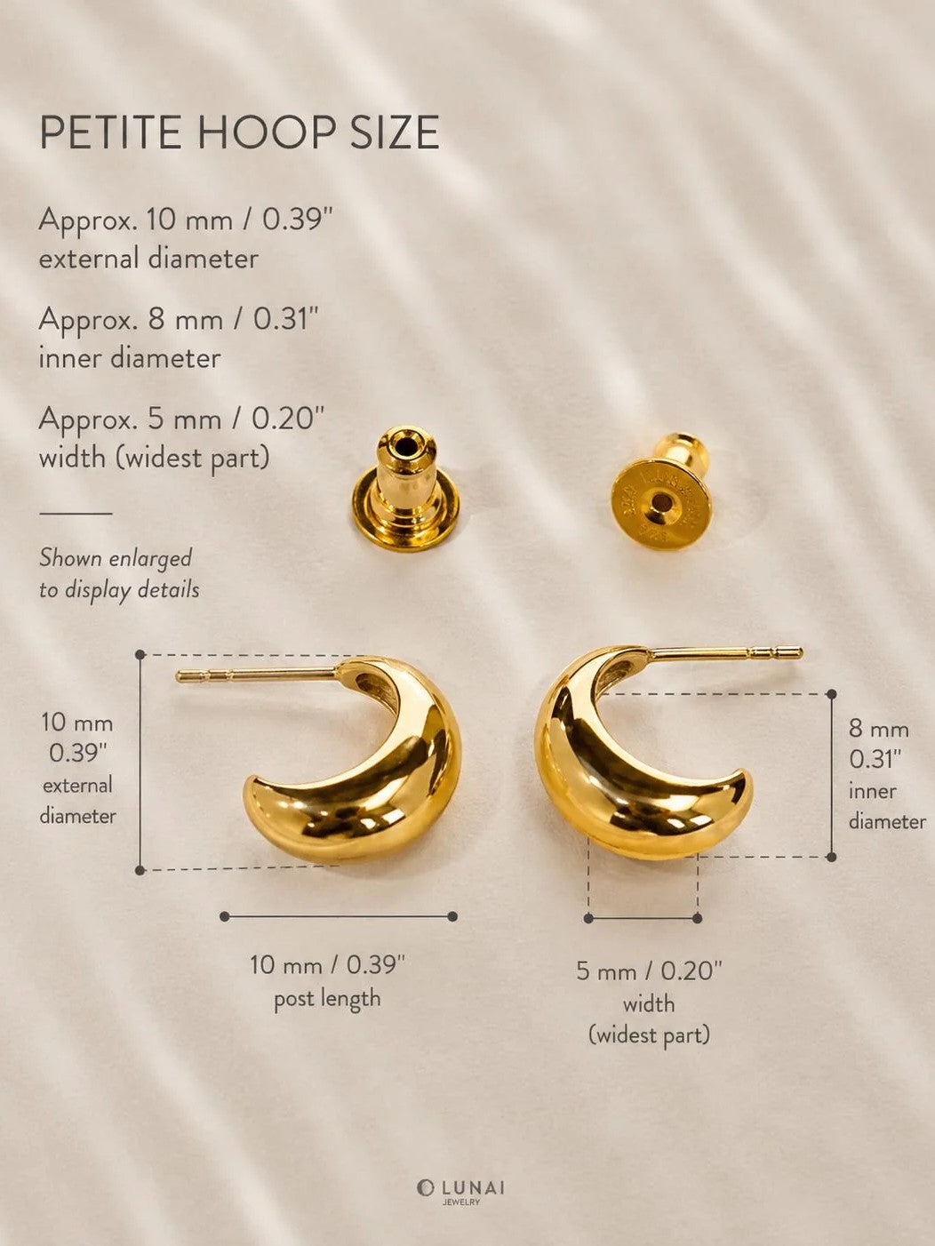 Petite crescent hoop earrings size guide showing 10 mm outer diameter, 8 mm inner diameter and 5 mm width.