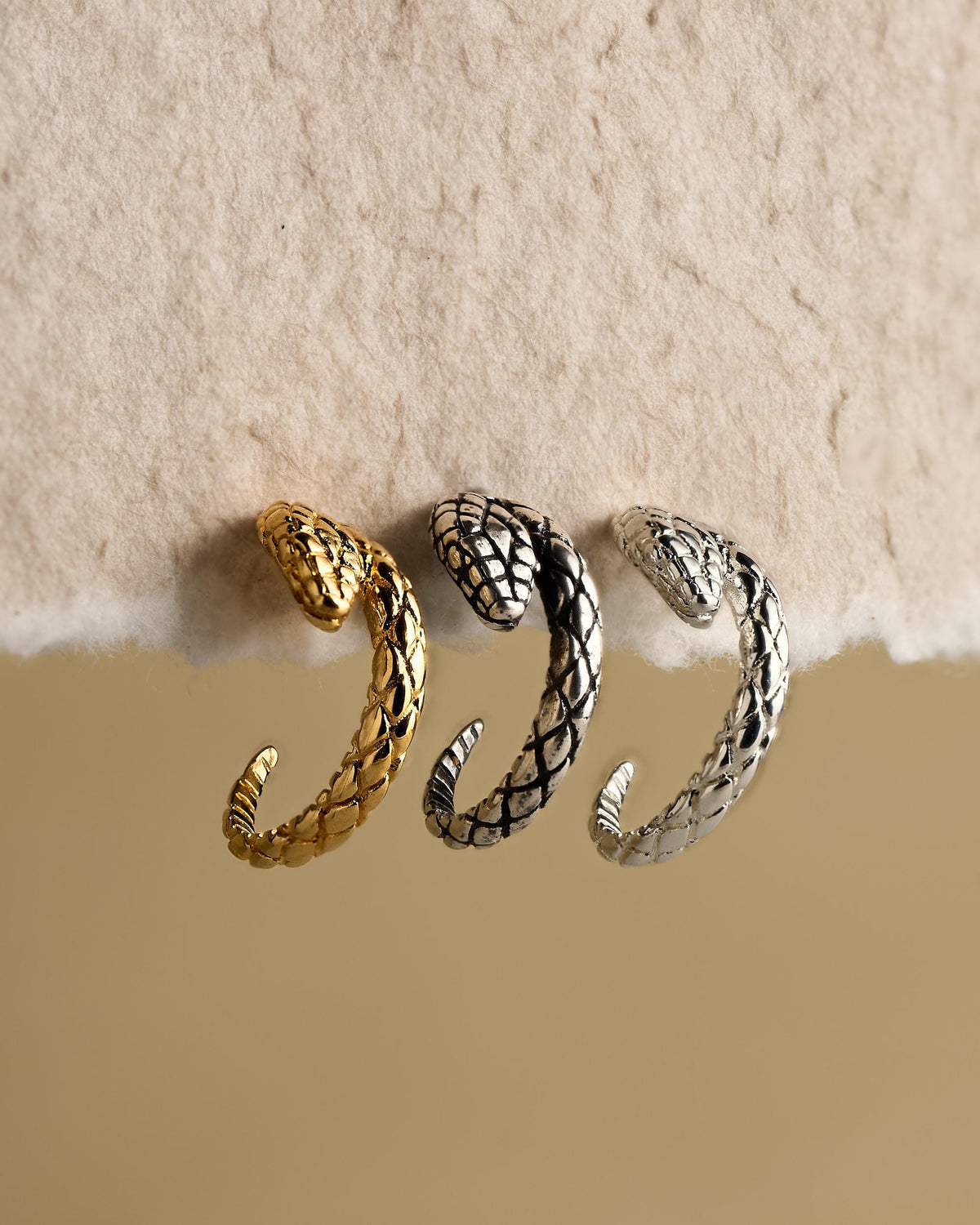 Silver Snake Hoop Stud Earrings, Open Wrap Around Serpent Design, Snakeskin Texture -STD165