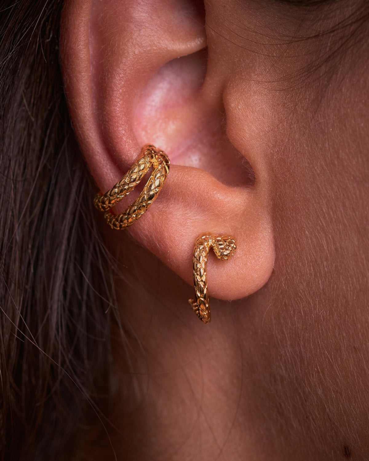 Gold Snake Hoop Stud Earrings, Serpent Head Studs with Snakeskin Texture -STD165