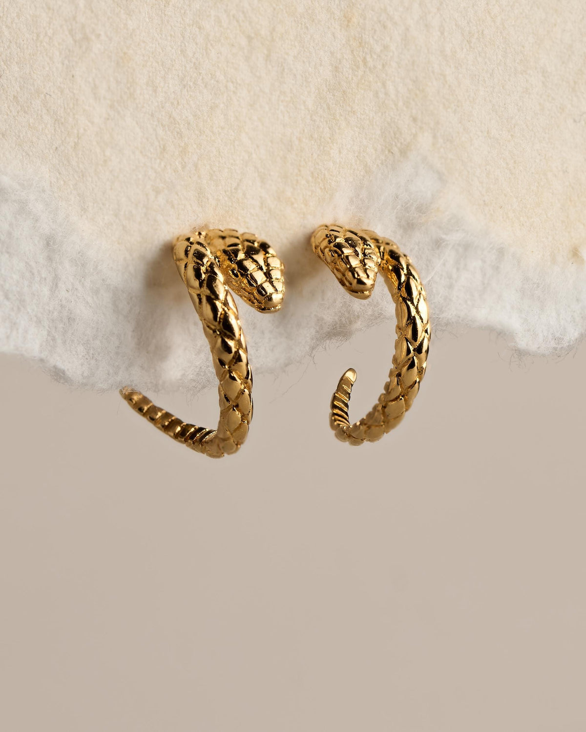 Gold Snake Hoop Stud Earrings, Serpent Head Studs with Snakeskin Texture -STD165