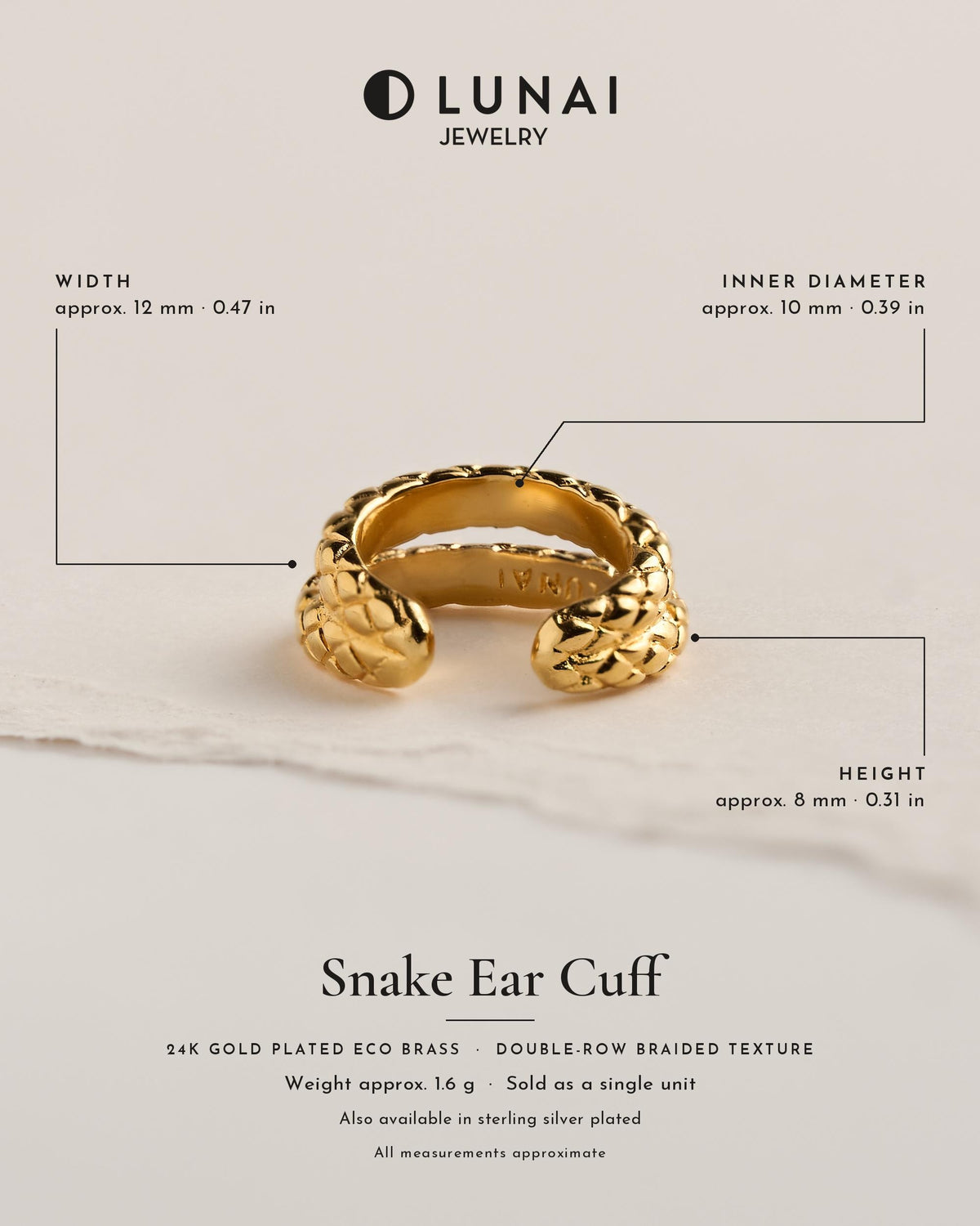 24k gold plated eco brass snake ear cuff with double-row braided texture, approx. 12 mm wide, 10 mm inner diameter, 8 mm high, 1.6 g