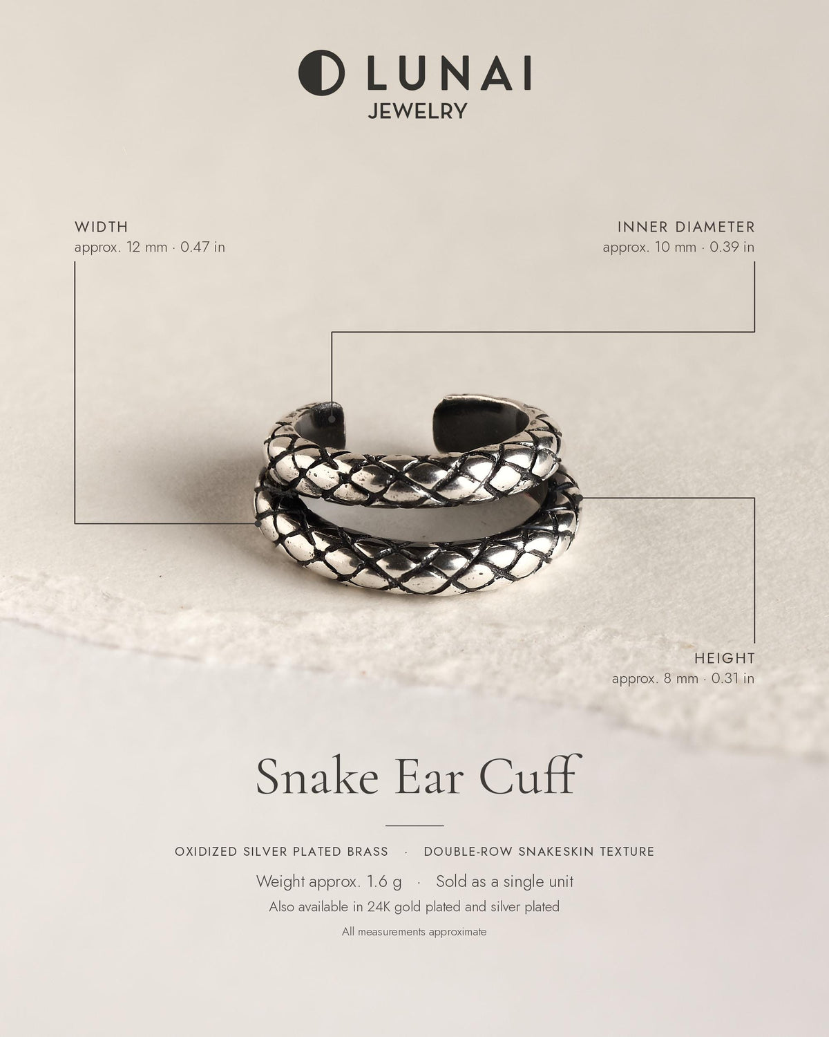 Size guide for the oxidized silver snake ear cuff: width approx. 12 mm, inner diameter approx. 10 mm, height approx. 8 mm, weight approx. 1.6 g