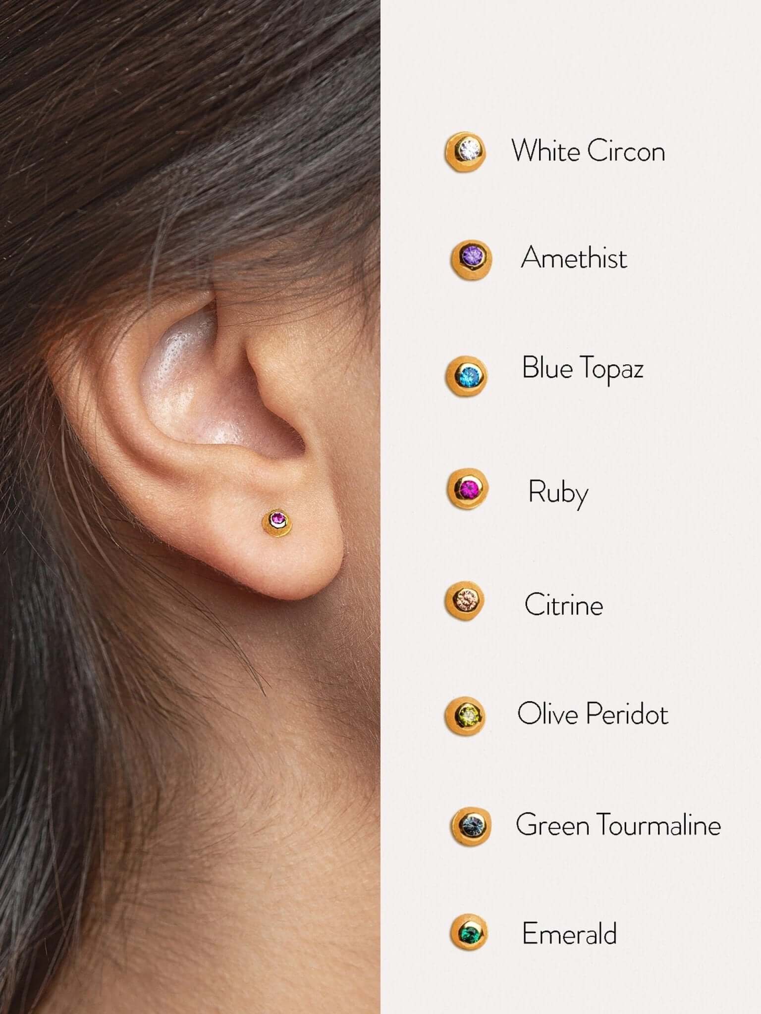 Gold stud earring color guide showing various gemstone options.