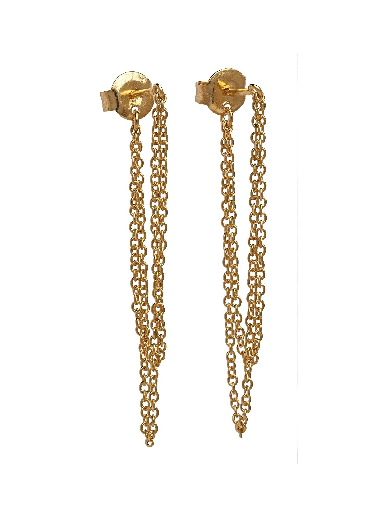 Gold chain drop earrings displayed on white backdro