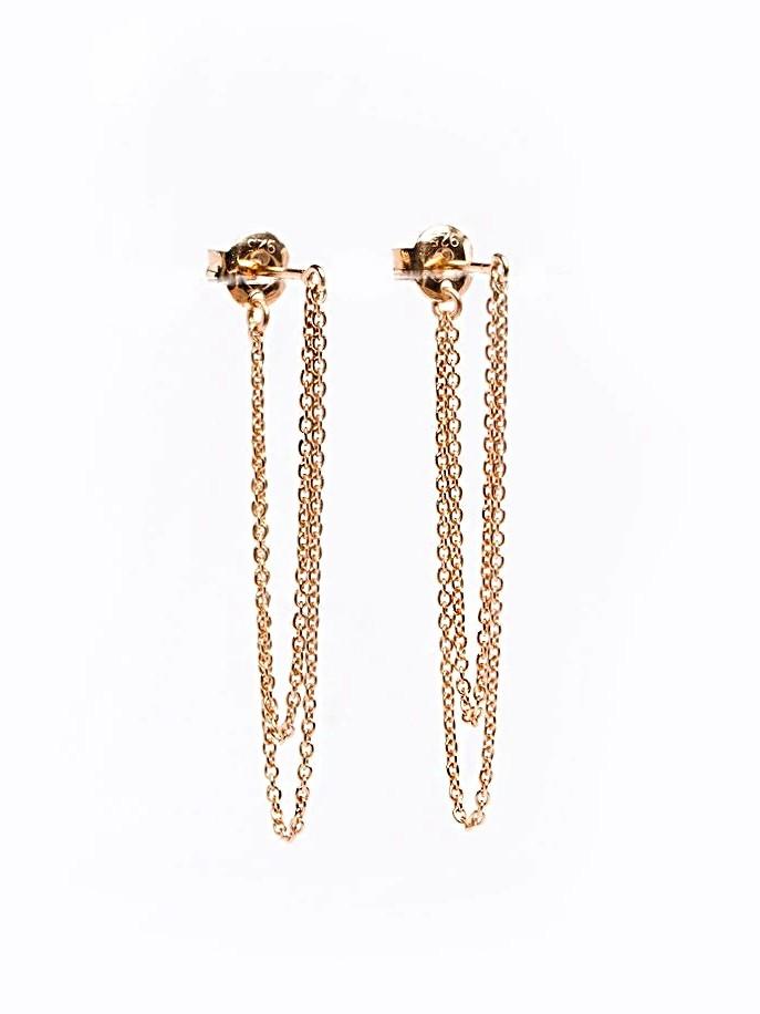 Gold double chain earrings with butterfly backs on white backgroun