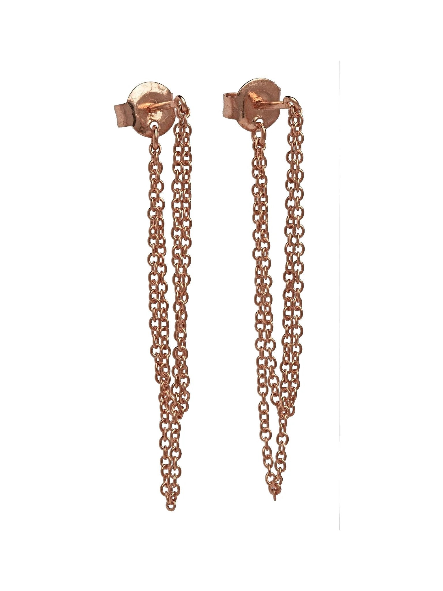 Rose gold double chain earrings with butterfly backs on white background