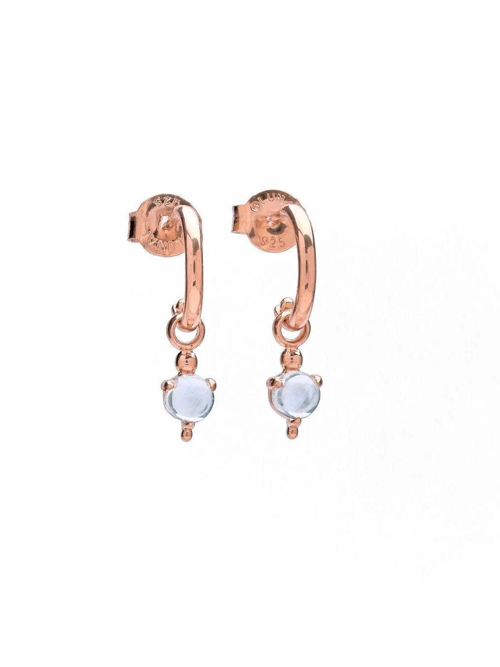 Rose gold mini hoop earrings with moonstone drop, front view