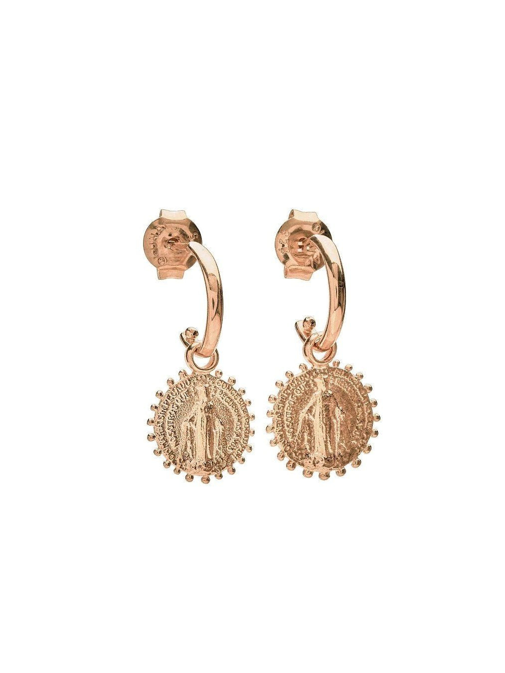 Delicate rose gold Virgin Mary charm earrings – symbolic mini hoops photographed from angled view.