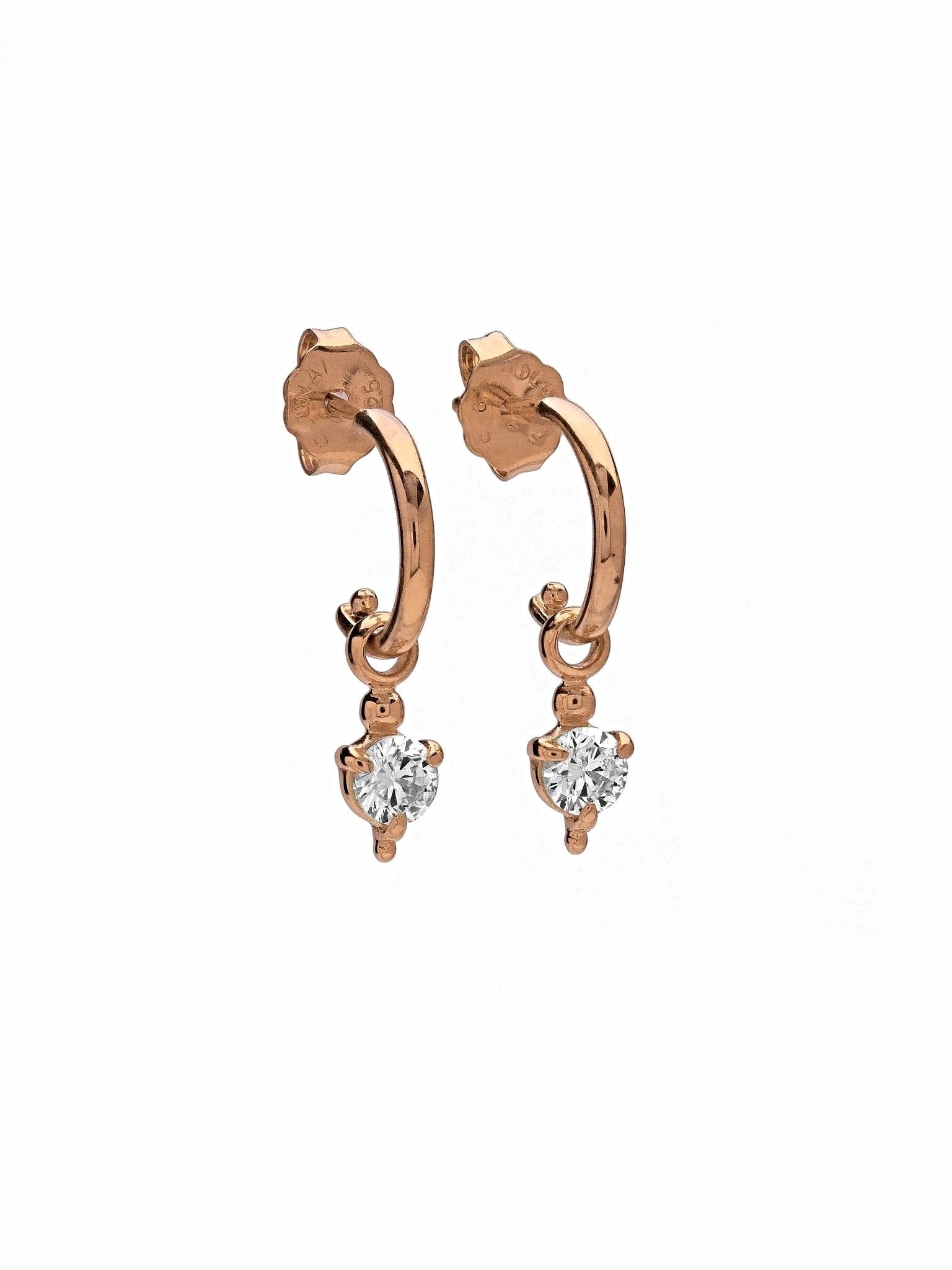  Rose gold mini hoop earrings with zirconia drop, front view