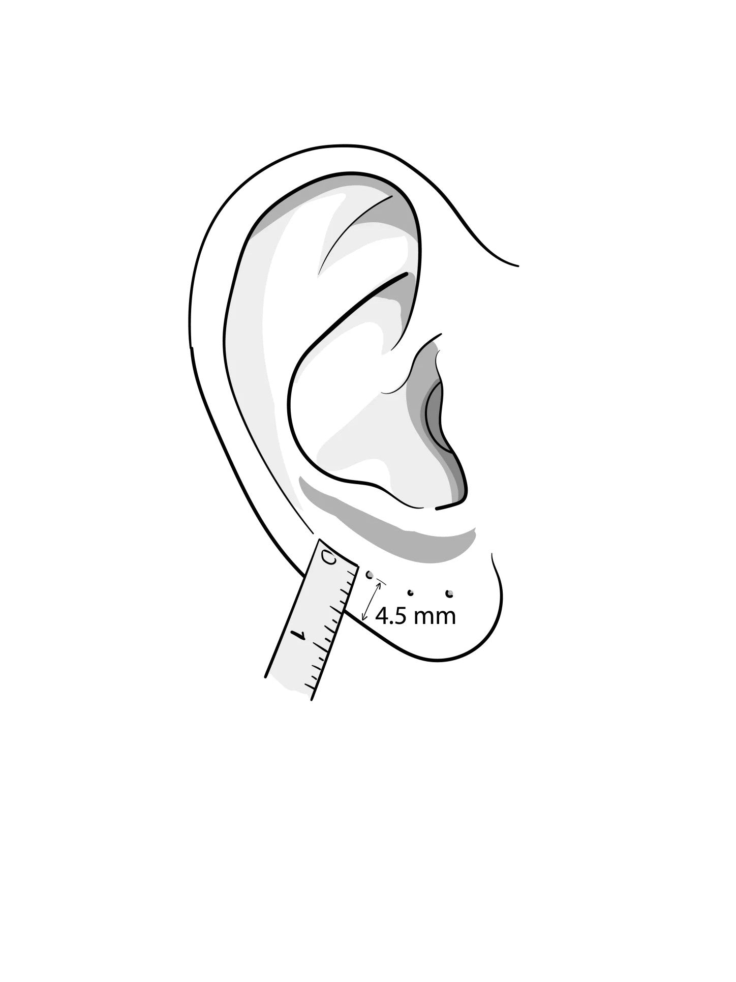  Illustration showing the correct placement of the earring on the ear.