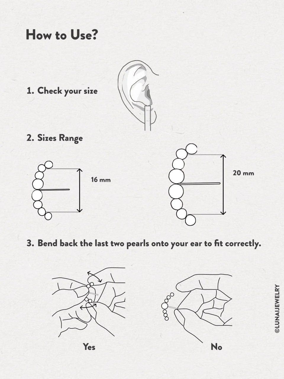 Instructional graphic showing how to wear the Solene ear cuff, with step-by-step placement on the ear.