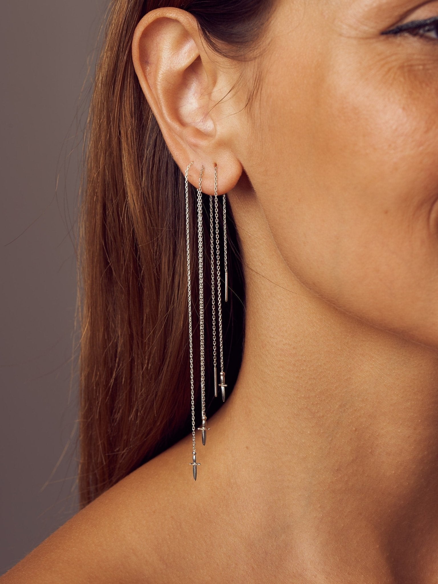 Sword Double Piercing Earrings - 925 Silver Oxidized15 cm SingleCartilage Earringschain earringLunai Jewelry