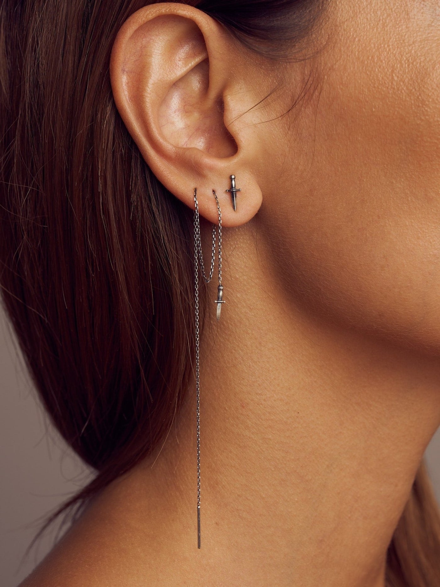 Sword Double Piercing Earrings - 925 Sterling Silver15 cm PairCartilage Earringschain earringLunai Jewelry