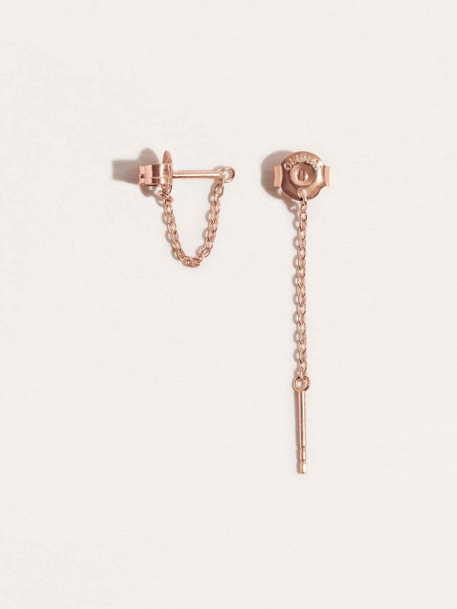 Rose Gold chain stud earrings side view with hanging chain